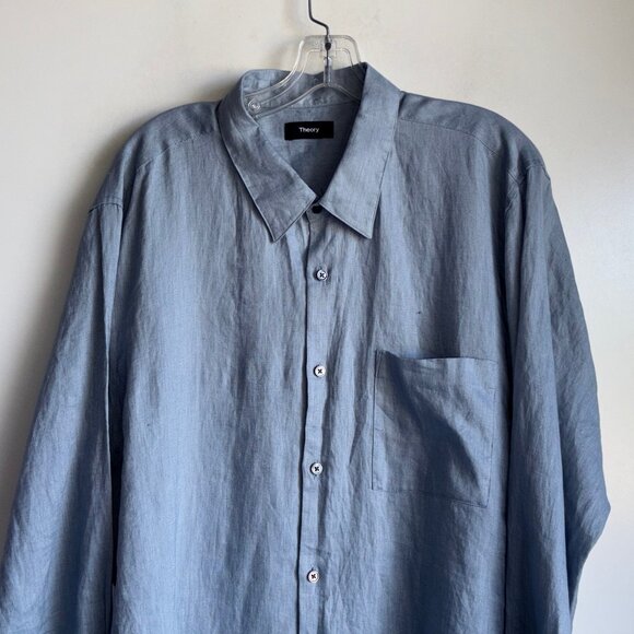 Theory Irving Shirt Mens XXL Blue Precise Linen Long Sleeve - Picture 3 of 10